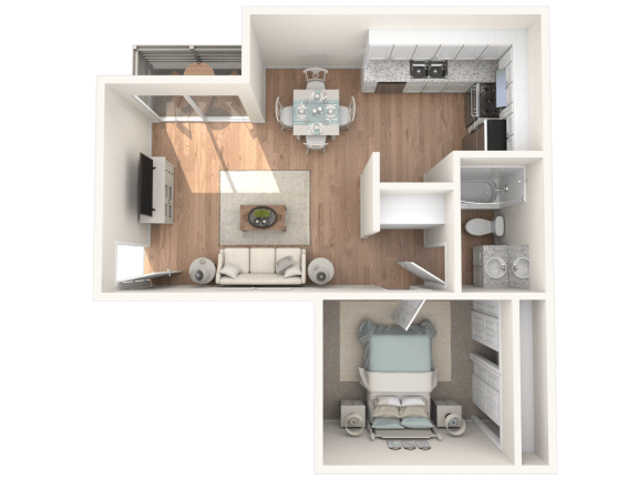 a stylized floor plan of a 1 bedroom apartment