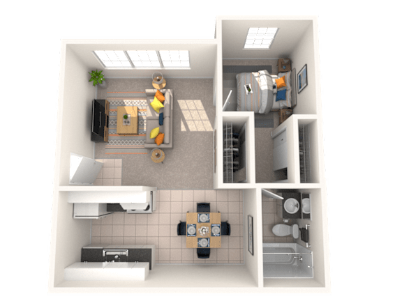 A 3D floor plan of a small apartment with a kitchen, living room, and bathroom.