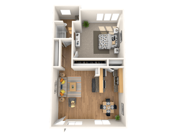 A top-down view of a small apartment with a living room, kitchen, and bathroom.