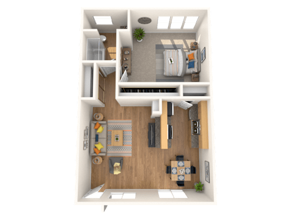 A top-down view of a small apartment with a kitchen, living room, and dining area.