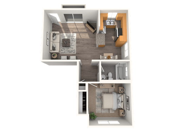 Floor Plan  A 3D floor plan of a small apartment with a kitchen, living room, and two bathrooms.