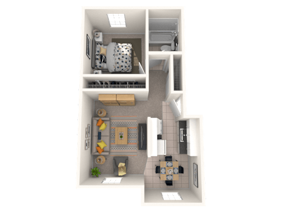 A 3D floor plan of a small apartment with a kitchen, living room, and bathroom.