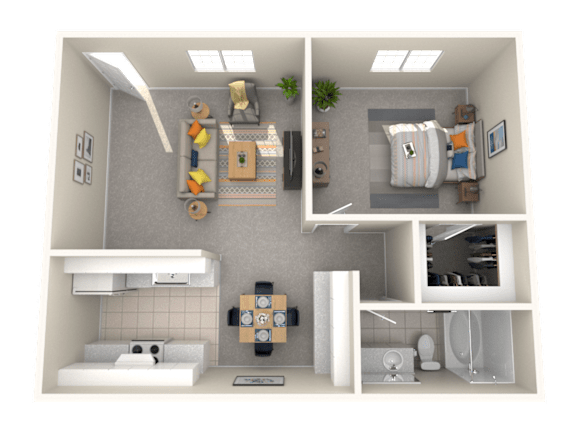 A 3D floor plan of a small apartment with a kitchen, living room, and bathroom.