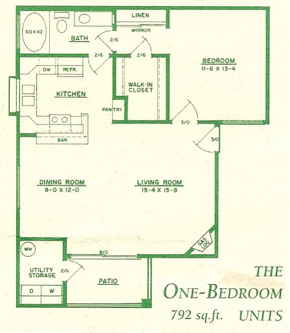 A diagram of a one-bedroom apartment measuring 792 square feet.