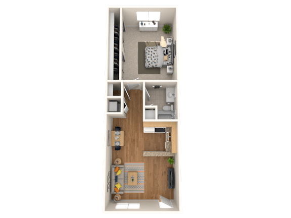 A top-down view of a small apartment with a kitchen, living room, and bedroom.