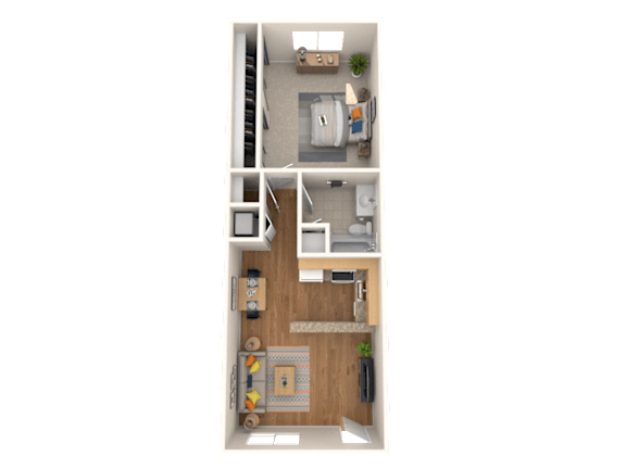 A top-down view of a small apartment with a kitchen, living room, and bathroom.