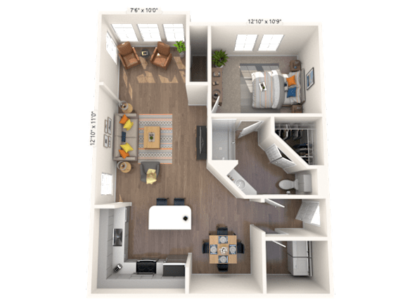 A 3D Floorplan of our one bedroom apartment with a solarium at The Sanctuary at 331 in Santa Rosa Beach Florida