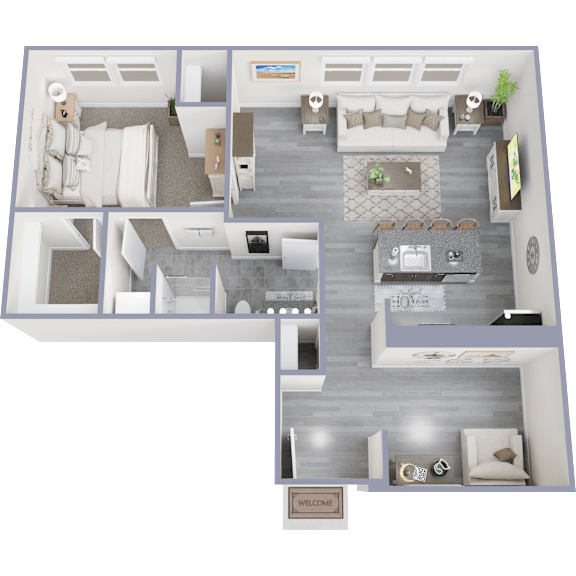 A 3D floor plan of a house with a living room, kitchen, and bedrooms.