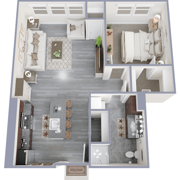 A top-down view of a modern apartment layout with a living room, kitchen, dining area, and bathroom.