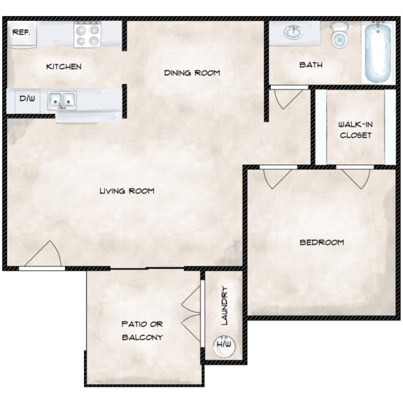 A floor plan of a house with a laundry room and a patio or balcony.
