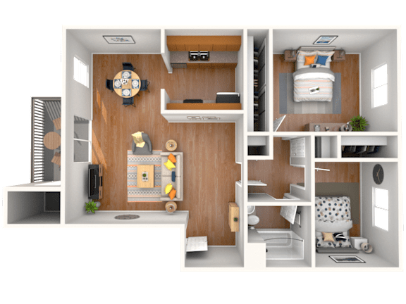 Floor Plan  A 3D rendered image of a small apartment layout.