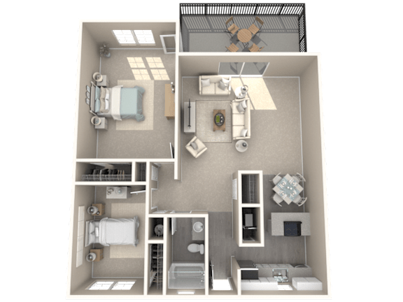 A 3D floor plan of a small apartment with a bedroom, living room, and kitchen.