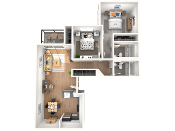 A 3D floor plan of a small apartment with a kitchen, living room, and bedroom.