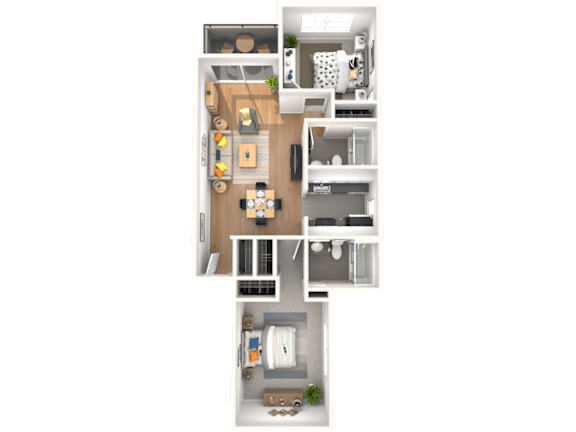 A floor plan of a house with a kitchen, living room, dining room, and two bedrooms.