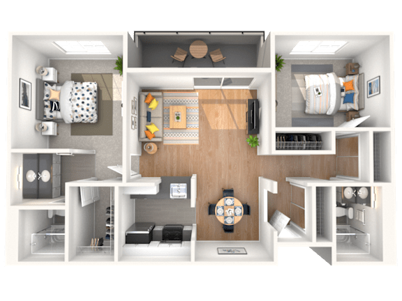 A 3D floor plan of a small apartment with a kitchen, living room, and bedroom.