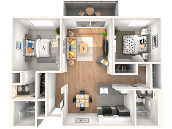 A top-down view of a small apartment with a kitchen, living room, and bedroom.