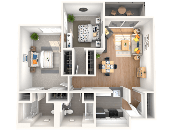 A 3D floor plan of a small apartment with a kitchen, living room, and bathroom.