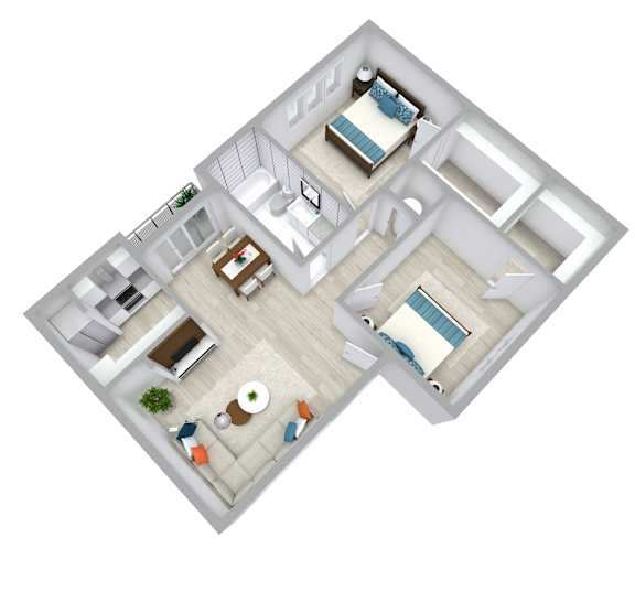 A 3D floor plan of a house with two bedrooms, a living room, a kitchen, and a bathroom.