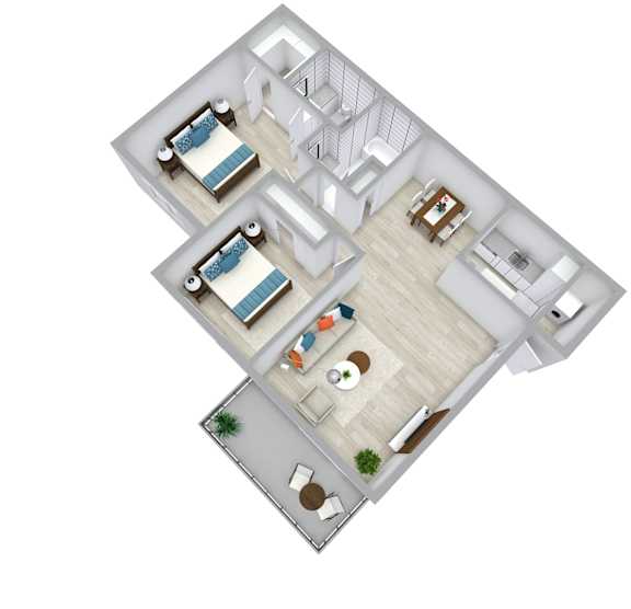 A 3D floor plan of a house with two bedrooms and a living area.