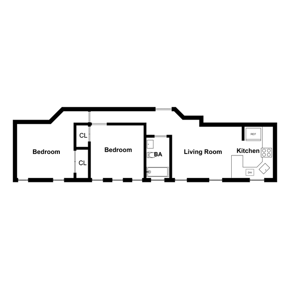 A floor plan of a house with two bedrooms, a living room, a kitchen, and a bathroom.