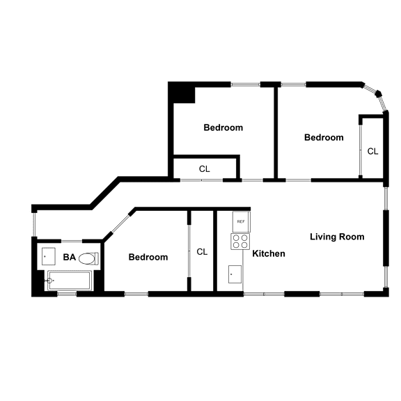 A floor plan of a house with three bedrooms, a living room, a kitchen, and a bathroom.