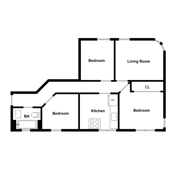 A floor plan of a house with a living room, kitchen, and bedrooms.