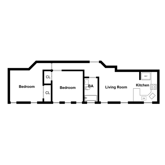 A floor plan of a house with two bedrooms, a living room, and a kitchen.