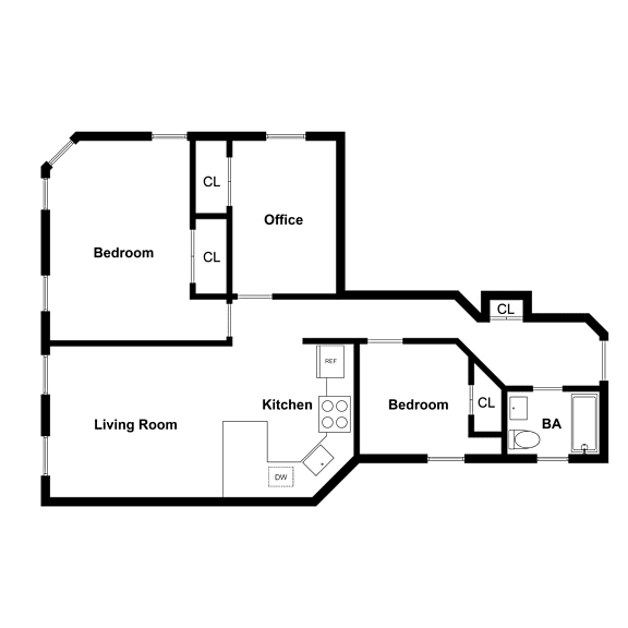 A floor plan of a house with a living room, kitchen, two bedrooms, and an office.