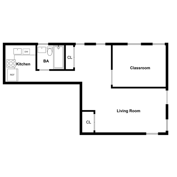 A floor plan of a living space showing a kitchen, classroom, and living room.