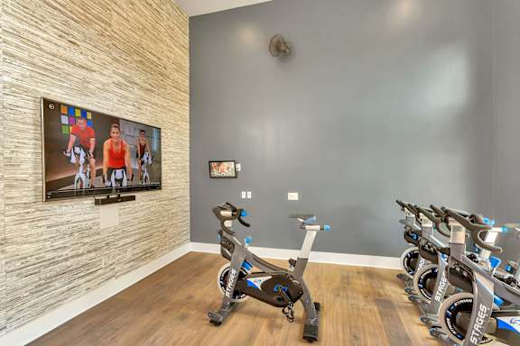A room with a TV and exercise bikes.