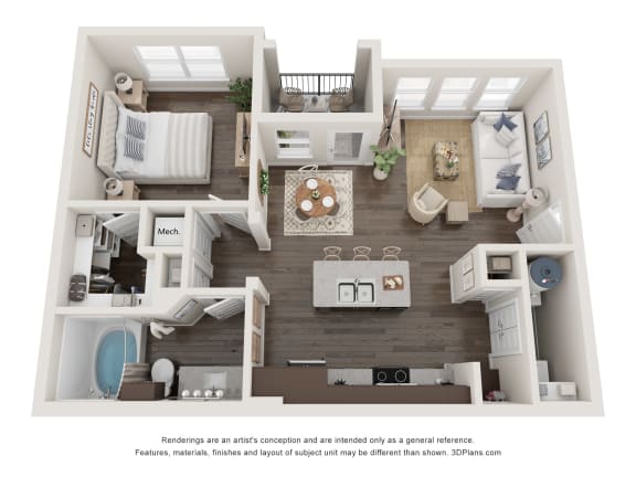 Floor Plan  a 1 bedroom floorplan is shown in this rendering