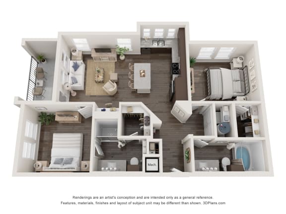 Floor Plan  a 1 bedroom floorplan is shown in this rendering