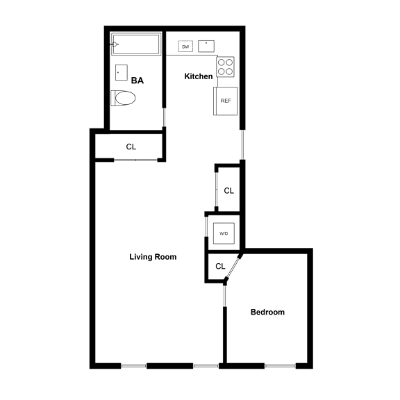 A floor plan of a room with a kitchen, living room, and bedroom.