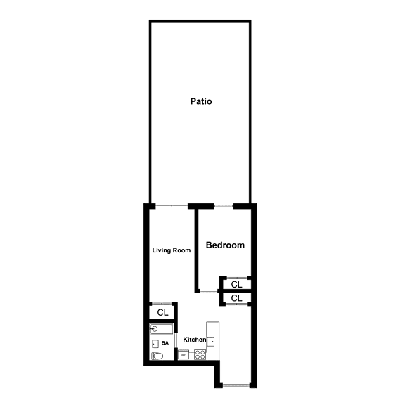 A floor plan of a house with a living room, bedroom, kitchen, and a patio.