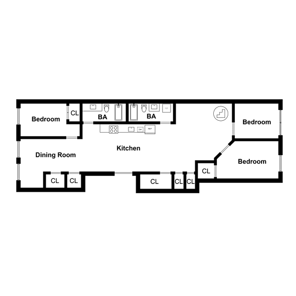 A floor plan of a house with a kitchen, dining room, and three bedrooms.