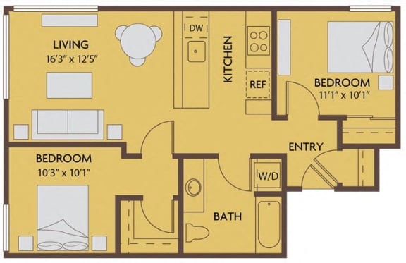 2 bed 1 bath 818 square feet floor plan