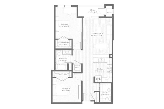 A floor plan of a house with a living room, two bedrooms, a bathroom, a study, a kitchen, and a laundry room.