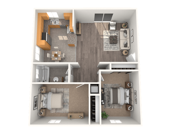 A top-down view of a two-bedroom apartment with a living room, kitchen, and bathrooms.