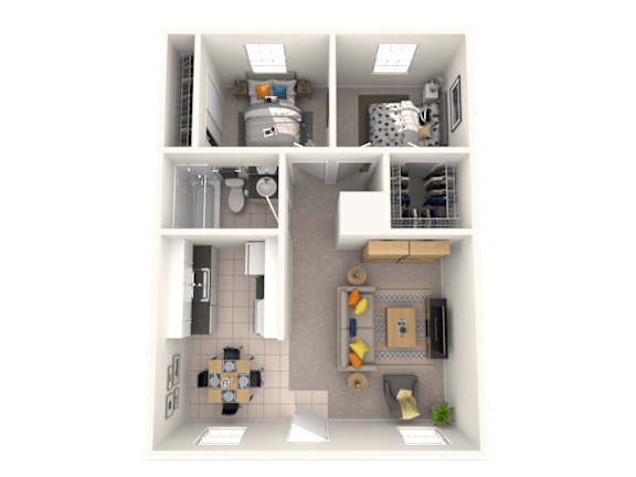 A 3D floor plan of a small apartment with a kitchen, living room, and bathroom.