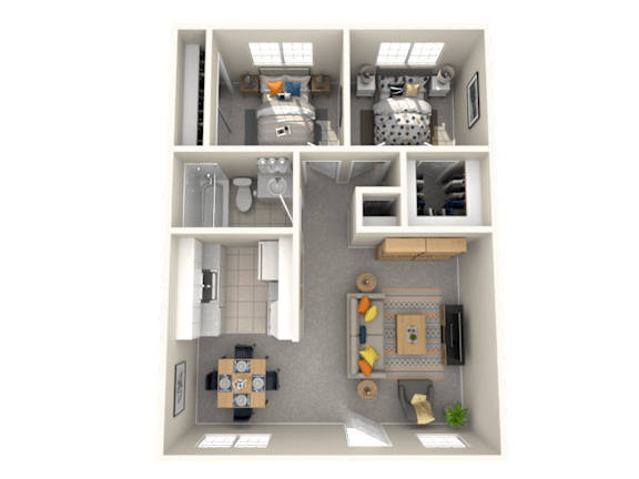 A 3D floor plan of a small apartment with a kitchen, living room, and bathroom.