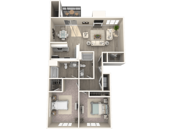 a 3d floor plan of a two bedroom apartment