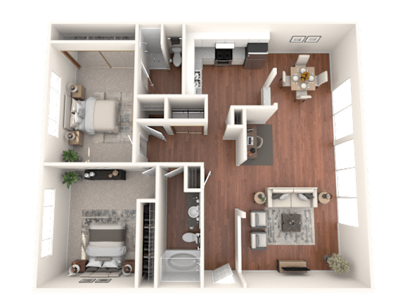 A 3D rendered image of a modern apartment layout.