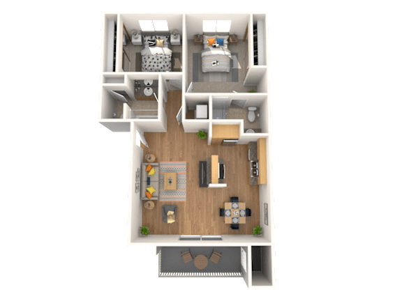 Floor Plan  A 3D floor plan of a small apartment with a living room, kitchen, and bedroom.
