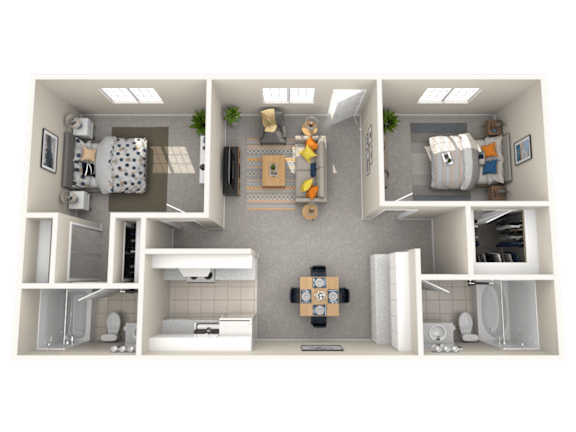 A 3D floor plan of a small apartment with two bedrooms, a living room, and a kitchen.