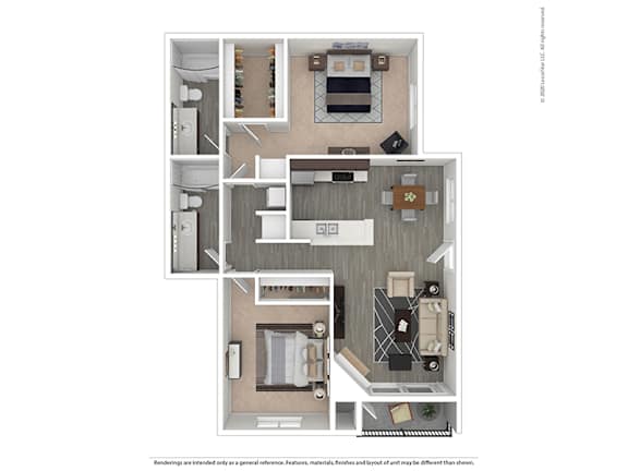 A floor plan of a small apartment with a kitchen, living room, and two bedrooms.