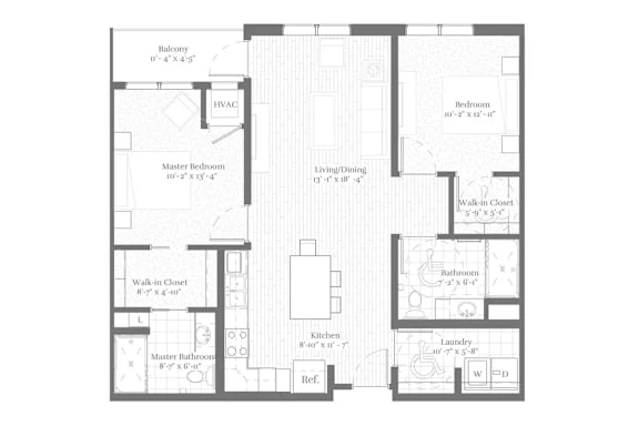 A floor plan of a house with a balcony, HVAC, and a master bedroom.