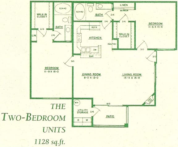 A diagram of a two-bedroom unit, measuring 1128 square feet, is displayed.