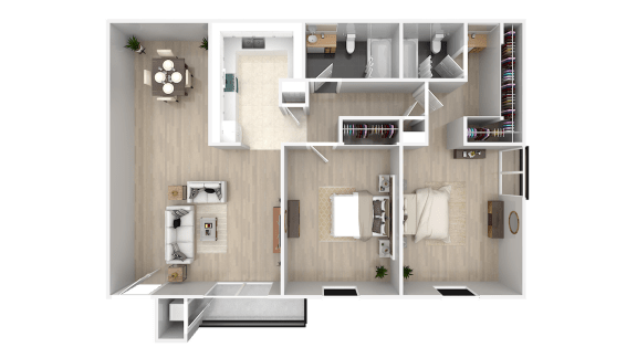 a bedroom with a bathroom and a living room
