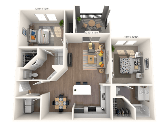 Floor Plan  A 3D Floorplan of a two bedroom apartment with a balcony at The Sanctuary at 331 in Santa Rosa Beach Florida