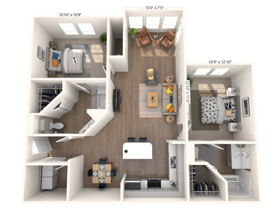 Floor Plan  A 3D floorplan of our two bedroom apartment with a solarium at The Sanctuary at 331 in Santa Rosa Beach Florida
